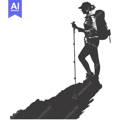 Aset desain premium: Silhouette of a female hiker with a backpack standing on a mountain pe