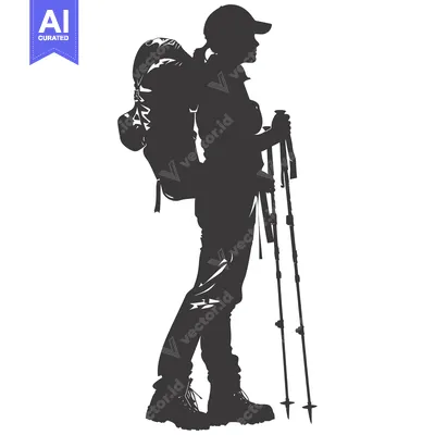 Aset desain premium: Silhouette of a female hiker with a backpack and trekking poles