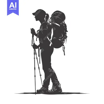 Aset desain premium: Silhouette of a Female Backpacker with Trekking Poles