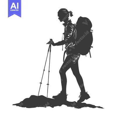Premium design asset: Silhouette of a female hiker with a backpack and trekking poles