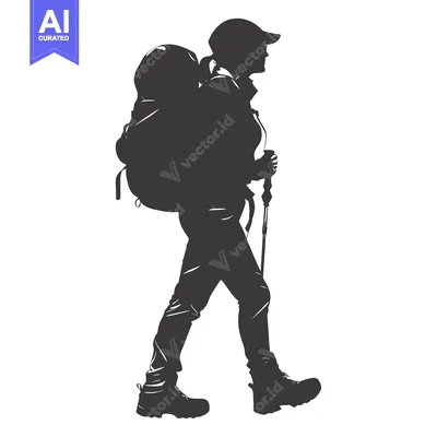 Aset desain premium: Silhouette of a Hiker with Backpack and Walking Stick