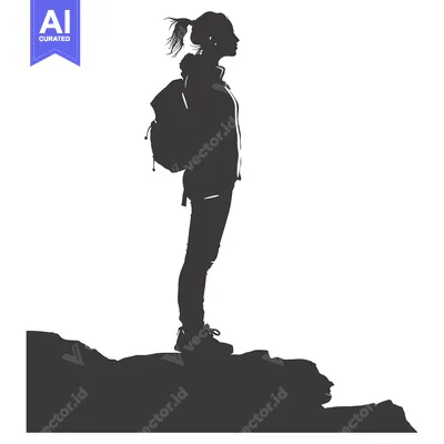 Aset desain premium: Silhouette of a Woman with a Backpack Standing on a Cliff