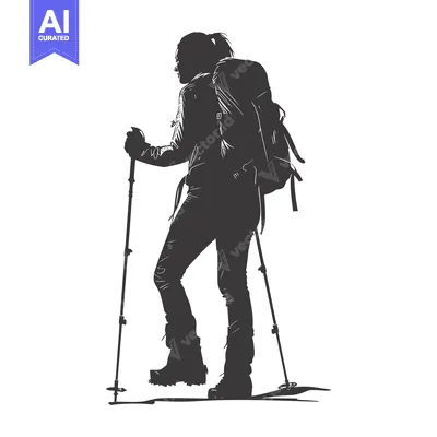 Premium design asset: Silhouette of a female hiker with a backpack and trekking poles