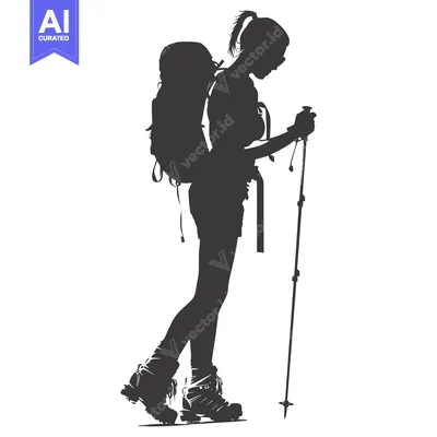 Popular premium asset: Silhouette of a woman hiker with a backpack and trekking poles