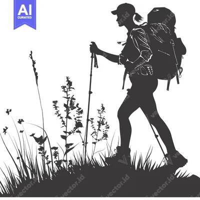 Premium design asset: Silhouette of a Woman Hiking with a Backpack and Trekking Poles