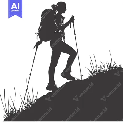 Aset premium populer: Silhouette of a Woman Hiking Up a Hill with a Backpack and Trekking Po