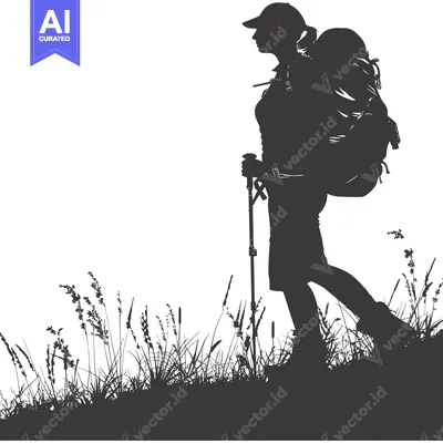 Silhouette of a Woman Hiking with a Backpack and Trekking Poles