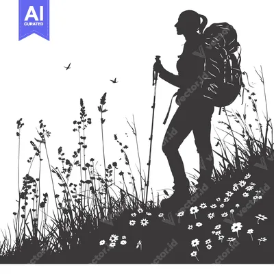 Popular premium asset: Silhouette of a Female Backpacker with Hiking Sticks in a Meadow with