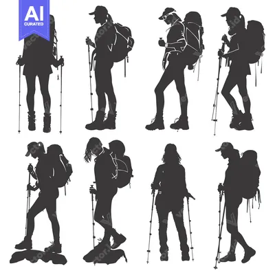 Aset premium populer: Eight Silhouettes of Female Hikers with Backpacks and Trekking Poles