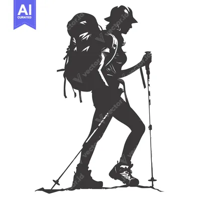 Aset desain premium: Silhouette of a Female Hiker with Backpack and Trekking Poles