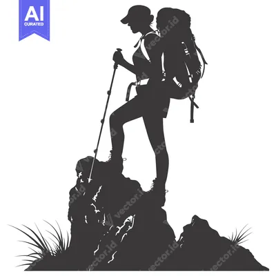 Silhouette of a Female Backpacker Standing on a Rocky Peak