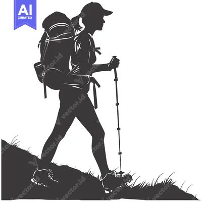 Aset premium populer: Silhouette of a Female Hiker with Backpack and Trekking Pole