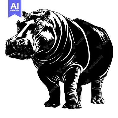 Aset premium populer: Black and White Illustration of a Standing Hippopotamus