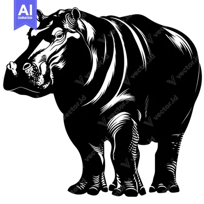 Aset desain premium: Black and White Illustration of a Standing Hippopotamus