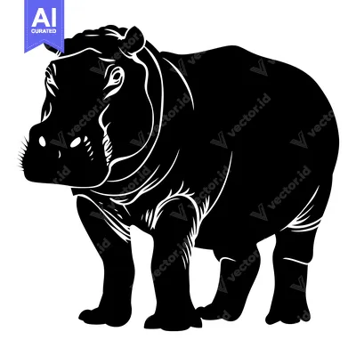 Aset premium populer: Black and White Silhouette of a Hippopotamus Standing