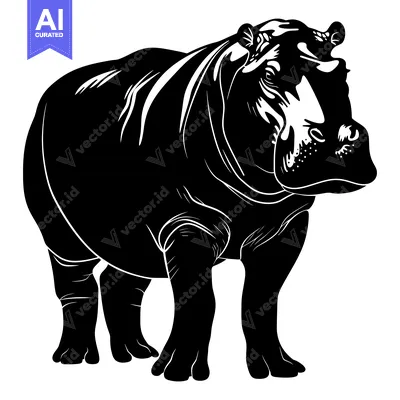 Premium design asset: Black and White Silhouette of a Standing Hippopotamus