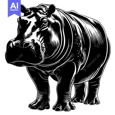 A Black and White Illustration of a Standing Hippopotamus