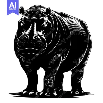 Premium design asset: Black and White Illustration of a Standing Hippopotamus