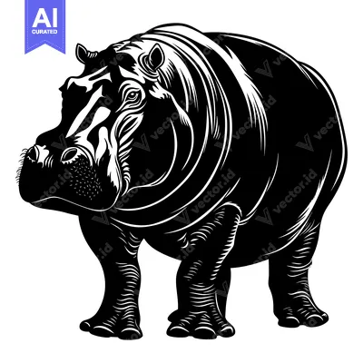 Aset desain premium: Black and White Illustration of a Standing Hippopotamus