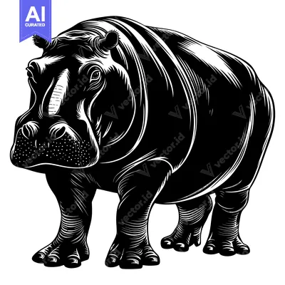 Aset premium populer: Black and White Illustration of a Standing Hippopotamus