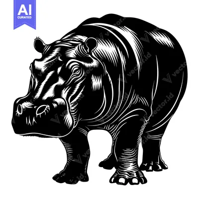 Aset desain premium: A Detailed Black and White Illustration of a Hippopotamus