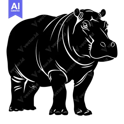 Aset desain premium: Black and White Silhouette of a Hippopotamus Standing