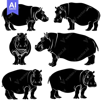 Popular premium asset: A Collection of Six Black and White Hippopotamus Silhouettes
