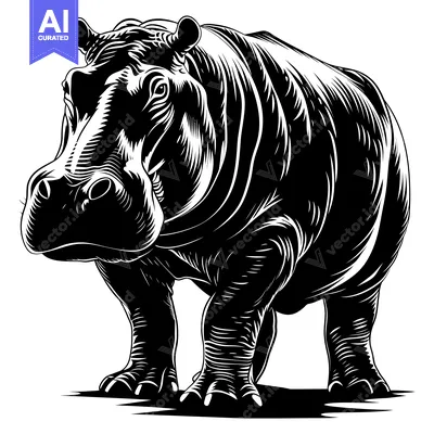 Aset premium populer: Black and White Illustration of a Standing Hippopotamus