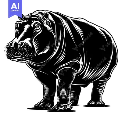 A Detailed Black and White Illustration of a Hippopotamus