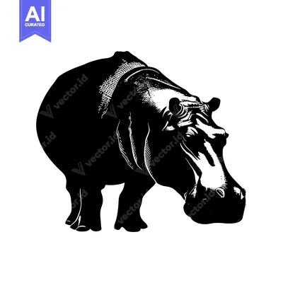 Aset desain premium: Black and White Silhouette of a Hippopotamus