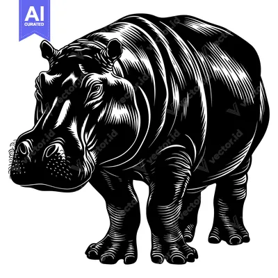 Aset premium populer: Black and White Illustration of a Standing Hippopotamus