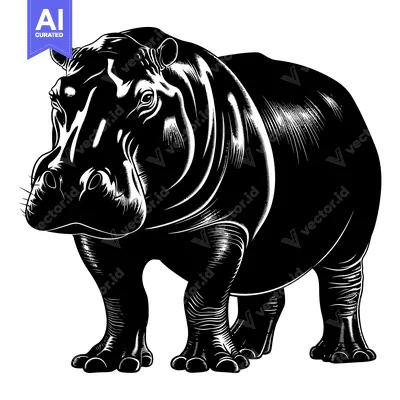 Aset desain premium: Black and White Illustration of a Standing Hippopotamus