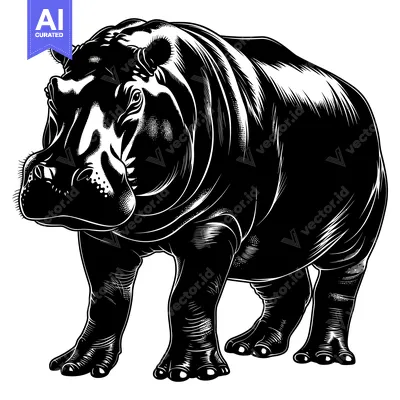 Aset desain premium: Black and White Illustration of a Standing Hippopotamus