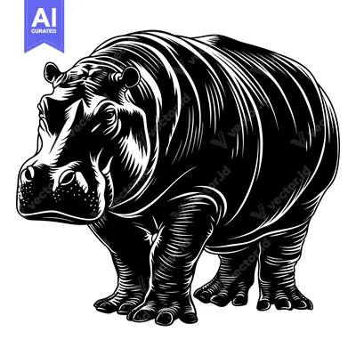 Premium design asset: A Detailed Black and White Illustration of a Hippopotamus