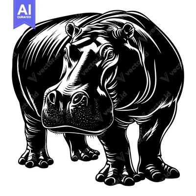 Aset desain premium: Black and White Illustration of a Standing Hippopotamus