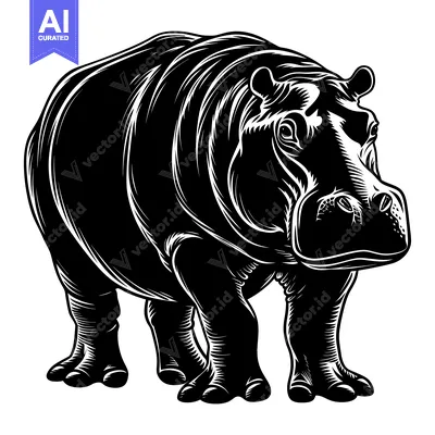 Aset premium populer: Black and White Illustration of a Standing Hippopotamus