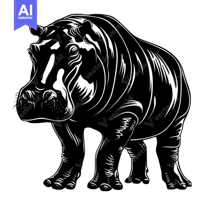Aset desain premium: Black and White Illustration of a Standing Hippopotamus