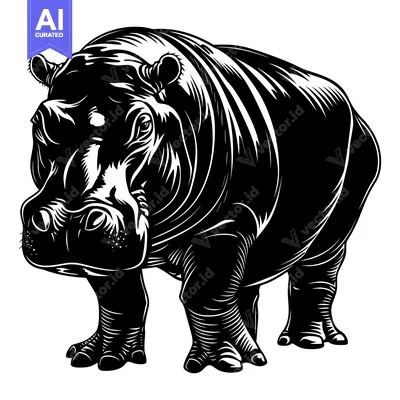 Aset premium populer: Black and White Illustration of a Standing Hippopotamus