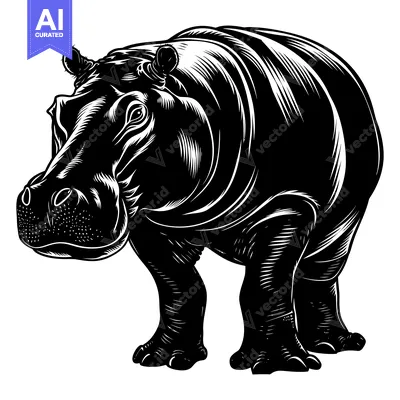 Aset premium populer: Black and White Illustration of a Standing Hippopotamus