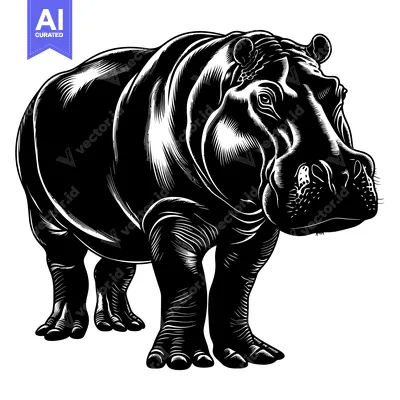 Aset premium populer: Black and White Line Art Illustration of a Hippopotamus