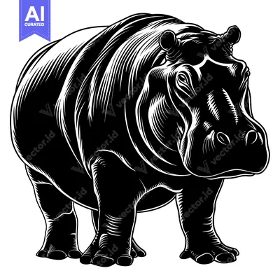 Aset desain premium: Black and White Illustration of a Hippopotamus