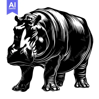 Black and White Illustration of a Standing Hippopotamus