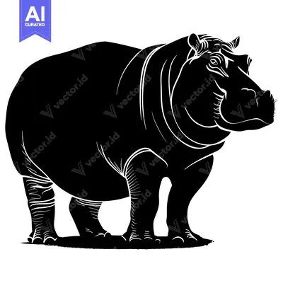 Aset desain premium: Black and White Silhouette of a Standing Hippopotamus