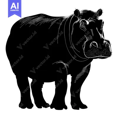 Aset desain premium: Black and White Silhouette Illustration of a Hippopotamus