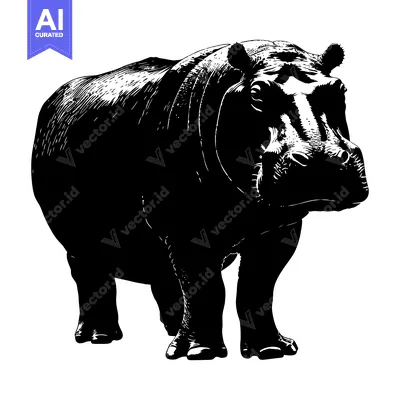 Popular premium asset: A Black and White Illustration of a Standing Hippopotamus