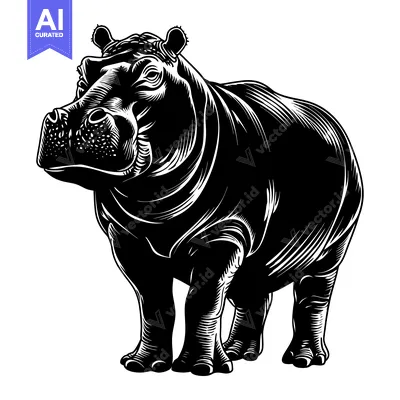 Aset desain premium: Black and White Illustration of a Standing Hippopotamus