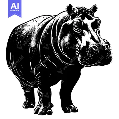 Aset premium populer: A Black and White Illustration of a Standing Hippopotamus