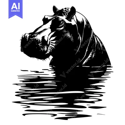 Aset premium populer: Black and White Silhouette of a Hippopotamus Emerging from Water