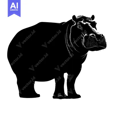 Popular premium asset: Black and white silhouette of a hippopotamus standing on a white backg