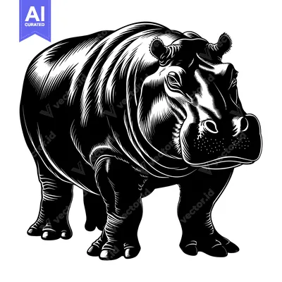 Aset premium populer: Black and White Illustration of a Standing Hippopotamus
